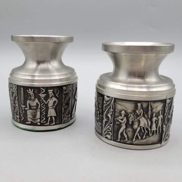 Astri Holthe/Norsk Tinn Other - Vintage Norsk Tinn Pewter Votive Candle Holders With Engraved Viking Scenes